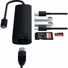  Satechi Slim USB-C adapter m. Ethernet, HDMI, USB 3.0 og kortlæser, Sort