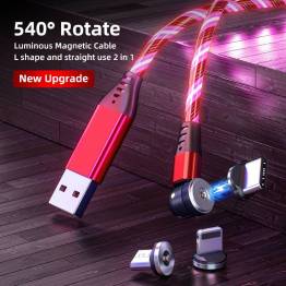  Lysende magnetisk multi opladerkabel -Lightning, MicroUSB, USB-C - Rød