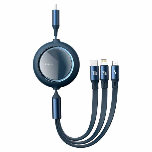 Baseus 3-i-1 USB-C kabel m udtræk Lightning, MicroUSB og USB-C - Blå