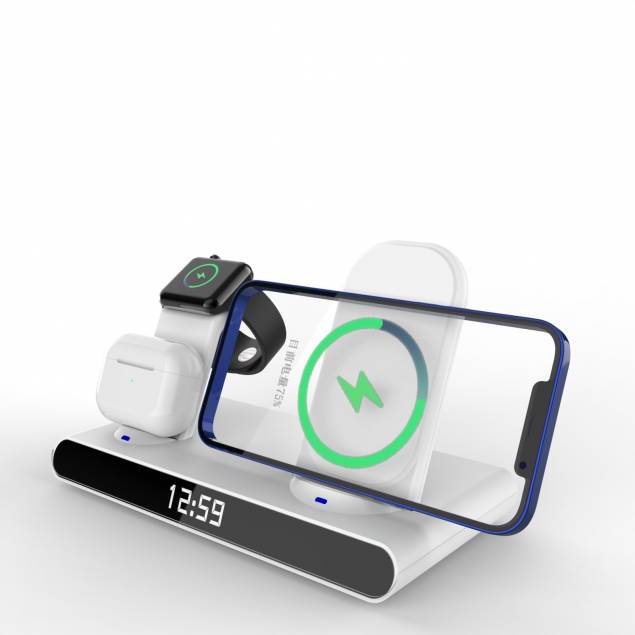 Slank 3-i-1 oplader til iPhone, AirPods og Watch m ur og alarm - Hvid