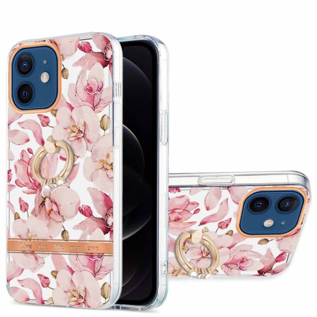 Beskyttende iPhone 12/12 Pro cover med fingerring - Pink gardenia