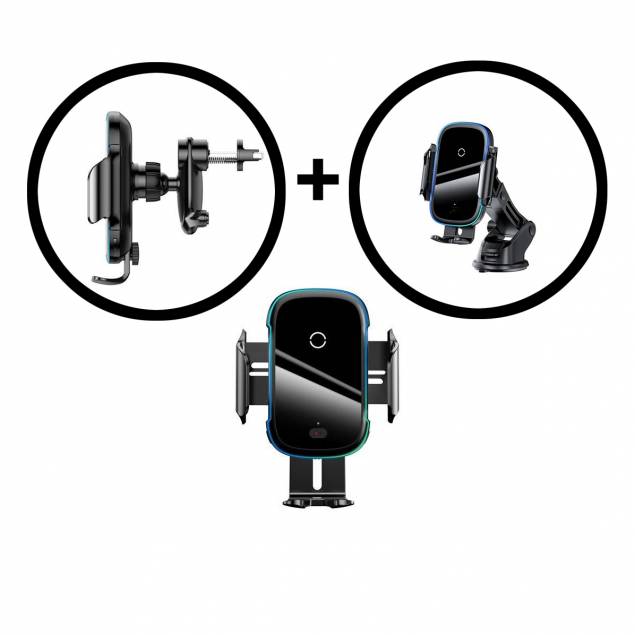 Baseus elektronisk mobilholder m 15W Qi hurtig opladning til både luftudtag og sugekop holder