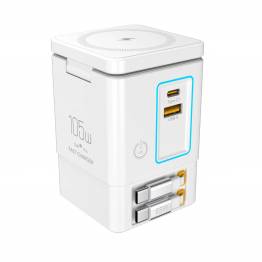  6-i-1 Power Tower 105W GaN oplader m 2 udtrækkelige kabler og MagSafe oplader - hvid