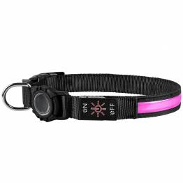 Vandtæt LED halsbånd med AirTag holder til hund - Pink - 32-50cm - Medium