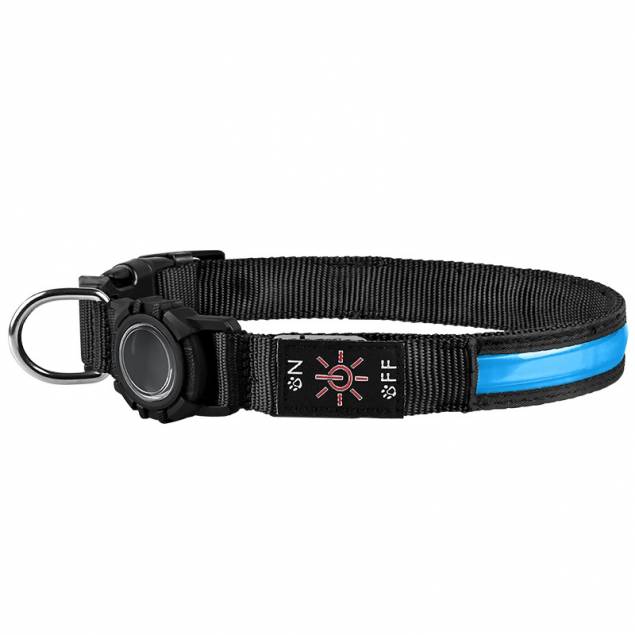 Vandtæt LED halsbånd med AirTag holder til hund - Blå - 28-40cm - Small