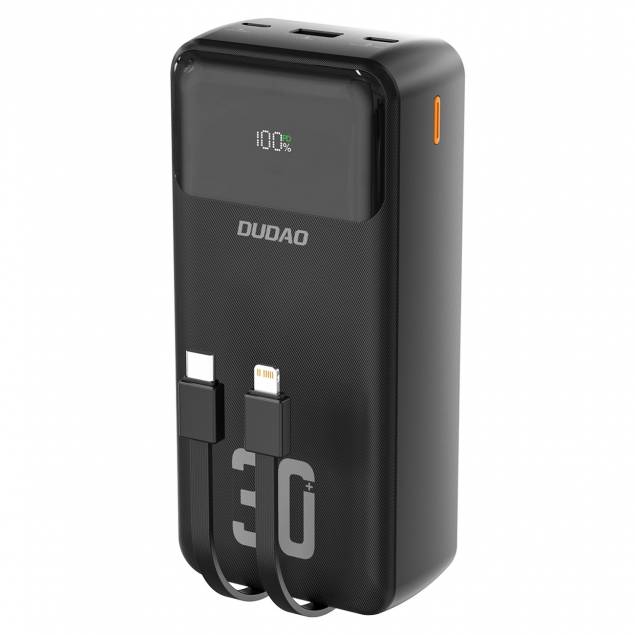 Dudao K15Max powerbank 30.000mAh m USB-C og Lightning kabel - 22,5W PD+QC - Sort Dudao K15Max powerbank 30.000mAh m USB-C og Lightning kabel - 22,5W PD+QC - Sort