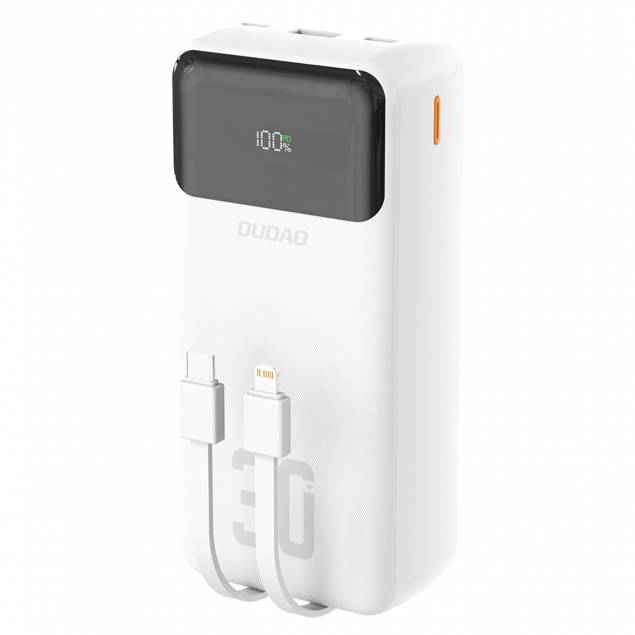 Dudao K15Max powerbank 30.000mAh m USB-C og Lightning kabel - 22,5W PD+QC - Hvid Dudao K15Max powerbank 30.000mAh m USB-C og Lightning kabel - 22,5W PD+QC - Hvid