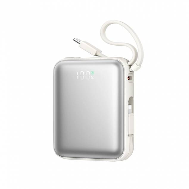 Joyroom mini powerbank med USB-C og Lightningkabel - 10.000mAh - 22.5W PD - Hvid Joyroom mini powerbank med USB-C og Lightningkabel - 10.000mAh - 22.5W PD - Hvid
