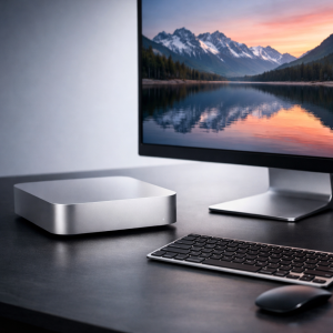 Apple Mac mini M4 på skrivebord ved siden af ekstern skærm og tastatur