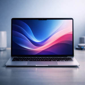 MacBook Air M4 (2025) på skrivebord med åben skærm