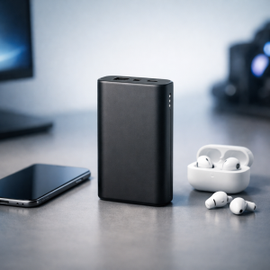 Powerbank med USB-C ved siden af smartphone og earbuds på et skrivebord