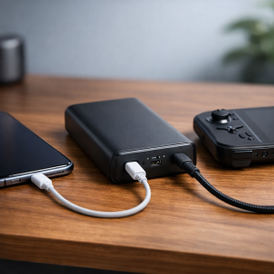 Powerbank med USB-C der oplader både smartphone og håndholdt konsol på et skrivebord
