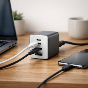 USB-C oplader med flere porte til laptop og smartphone på skrivebord