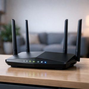 WiFi 6 router placeret centralt i en stue for bedre trådløs dækning